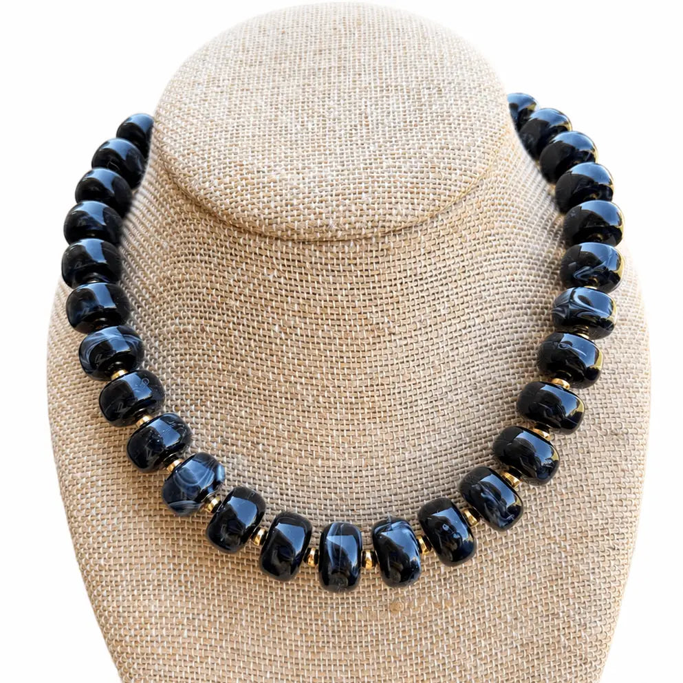 Black Marbled Beaded Necklace